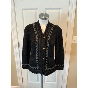 BCBG Max Azria Black Wool Boucle Knit Cardigan w/ Gray Trim, Size Medium